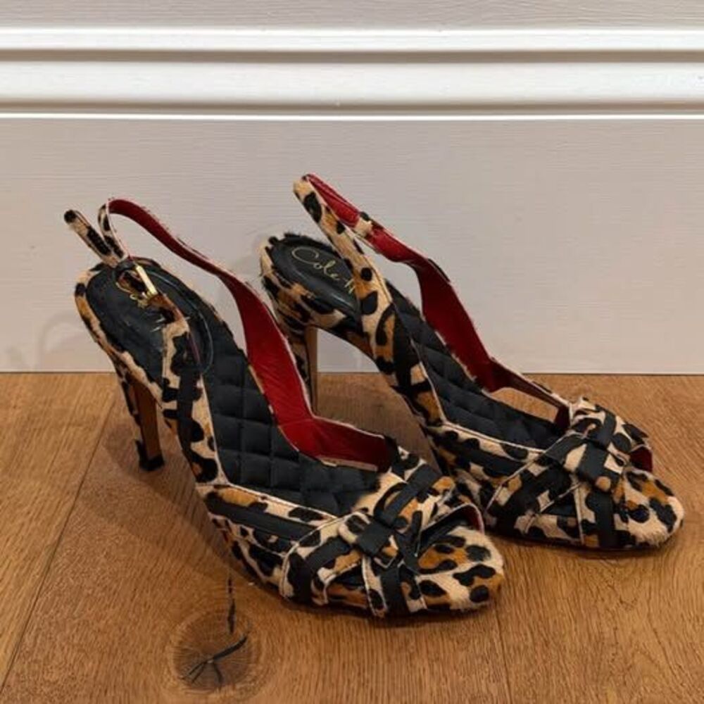 Cole Haan Nike Air Leopard Print Calf Hair Slingback Heels Peep Toe Red Trim 6B